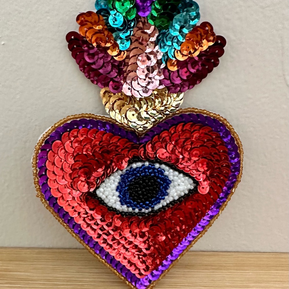 Hand stitched- sequin evil eye fabric patch handmade in Mexico